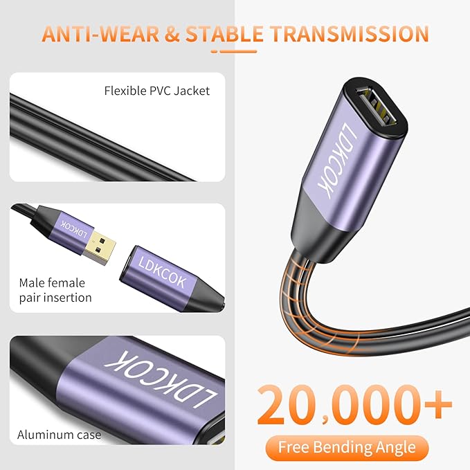 LDKCOK USB 2.0 Type A Male to A Female Active Repeater Extension Cable 50ft, High Speed 480 Mbps