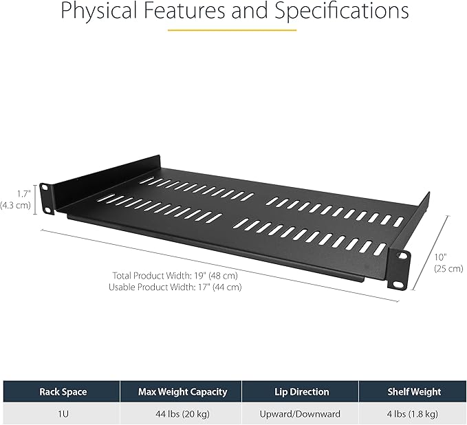 StarTech.com 8U Wall Mount Patch Panel Bracket - 13.75 inch Deep - 19" Patch Panel Rack & 1U Server Rack Shelf - Universal Vented Rack Mount Cantilever Tray, Black (CABSHELFV1U)