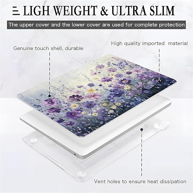 Compatible with MacBook Air 13.3 13.6 Inch Case 2022 2021 2020 2019 Plastic Hard Shell Case Cover,13.3 Pro(A1706/A1708/A1989/A2159/A2289/A2338), Purple Wildflowers