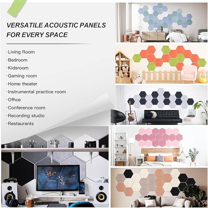 Mollywell Hexagon Acoustic Panels, High Density, Soundproofing, Decorative Noise Reduction Felt Wall Tiles for Ceilings, Home Office & Gaming Room (Smoky Blue), 14x12x0.4 Inch