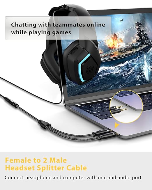 Headset Splitter Cable for PC 3.5mm Crystal-Nylon Braid Female to Dual 3.5mm TRS Male Headphone Mic Audio Y Splitter Cable CTIA Gaming Headset to PC Adapter - Matte Black 0.3M