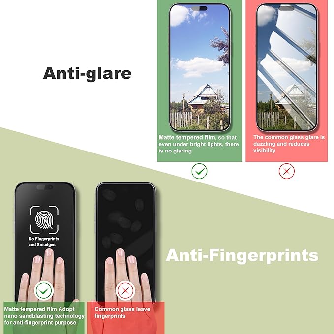 (2-Pack Anti Blue Light Matte Screen Protector for iPhone 14 Pro/15/16 (6.1-Inch),9H Tempered Glass,Anti-Glare,Full Coverage,Anti-Fingerprint,Auto Dust Removal,Bubble-Free