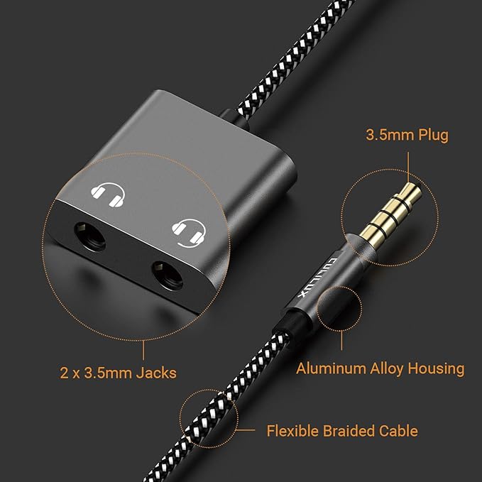 Cubilux 3.5mm Male to Dual Female Headphone Jack Splitter for Sharing Music, 2-Way 1/8” Stereo Audio Y Adapter, Compatible with MacBook iPad PC Computer Phone Laptop Tablet PS4 PS5 Xbox One/360