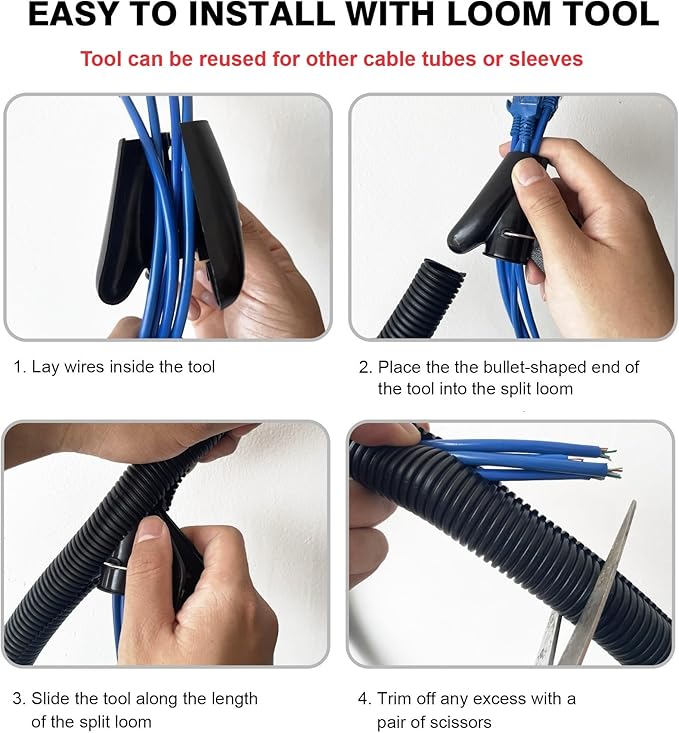 CrocSee 25ft - 1 inch Flame Retardant Split Wire Loom Tubing with Installation Tool - High Temp Flexible Wire Covers Cord Protectors - Black
