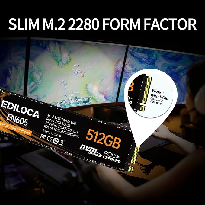 EN605 512GB M.2 SSD, NVMe1.3 PCIe Gen3 x4 SSD TLC, Internal Hard Drive, M.2 2280 - Read/Write Speed up to 2150/1600 MB/s - Internal SSD Compatible with Laptop & PC Desktop