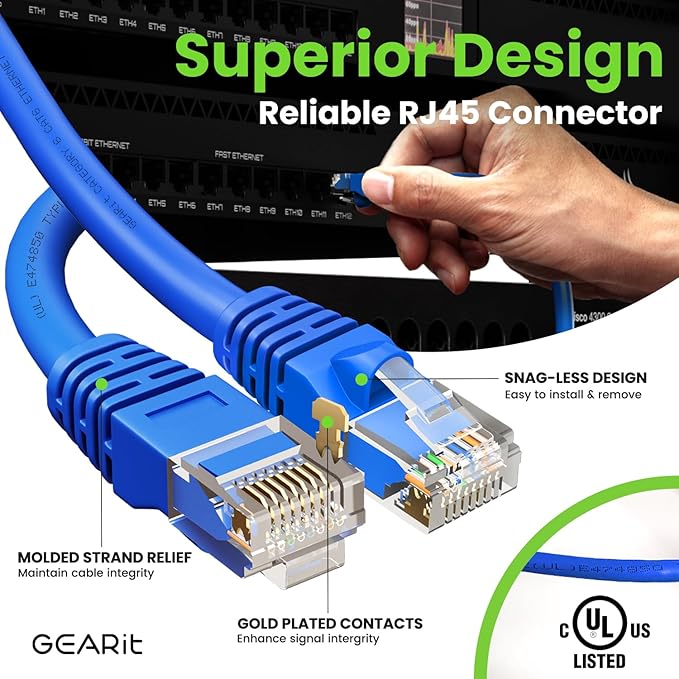 GEARit Cat 6 Ethernet Cable (1-Pack 75 Feet) Cat6 Network Patch, 10Gbps, RJ45, Snagless Cord, Gold-Plated Connectors, Internet for PC, TV, Tablet, Router, Printer, Servers, IT Data Center - Blue