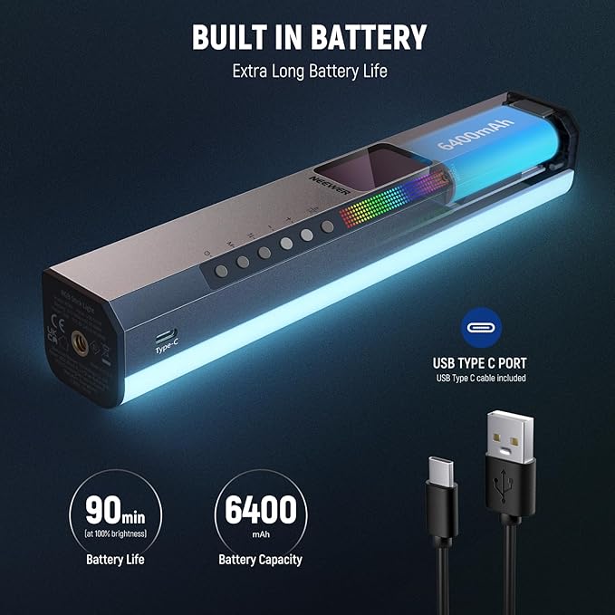 NEEWER RGB1 LED Tube Light Stick with Metal Barndoor, Handle, Touch Bar/APP Control, Magnetic Handheld RGB Video Light, 3200K-5600K CRI98+ Dimmable Photography Lighting with 6400mAh Battery, 17 Scenes