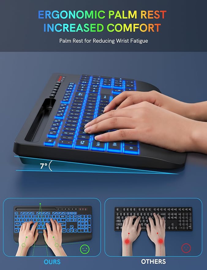 Trueque Wireless Keyboard with 7 Colored Backlits, Wrist Rest, Phone Holder, Rechargeable Ergonomic Keyboard with Silent Light Up Keys, Cordless Computer Keyboard for Windows, Mac, Laptop