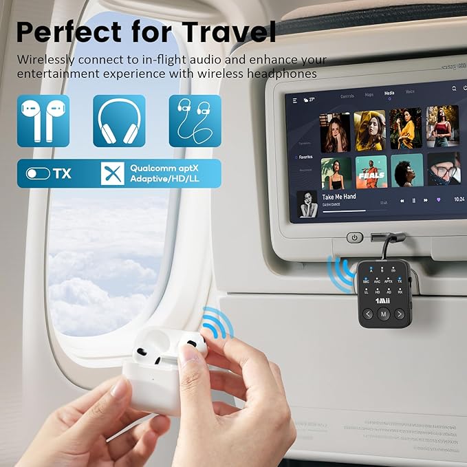 1Mii Bluetooth 5.3 Transmitter Receiver 2-in-1, aptX Adaptive & Low Latency Wireless Audio Adapter for Airplane, Dual Link 2 Devices, 25H Playtime, 3.5mm AUX for TV/Car/Home Stereo/Gym