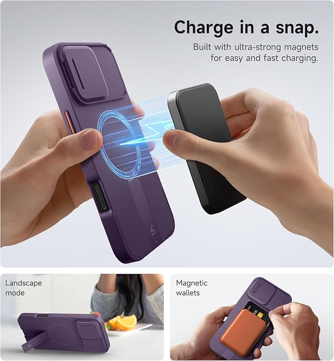 SURITCH for iPhone 16 Pro Max Case with Magnetic Camera Slide Cover and Adjustable Kickstand, Compatible with MagSafe, Shockproof Bumper Case Slim Protective Cover 6.9 Inch, Dark Purple