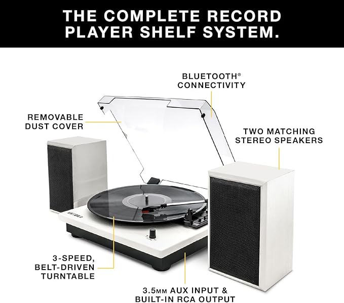 Victrola Montauk Vinyl Record Player, White Wood Finish, 3-Speed Belt Driven Turntable with Stereo Bluetooth Speaker Pair, RCA Output and 3.5mm Headphone Jack, Removable Dust Cover