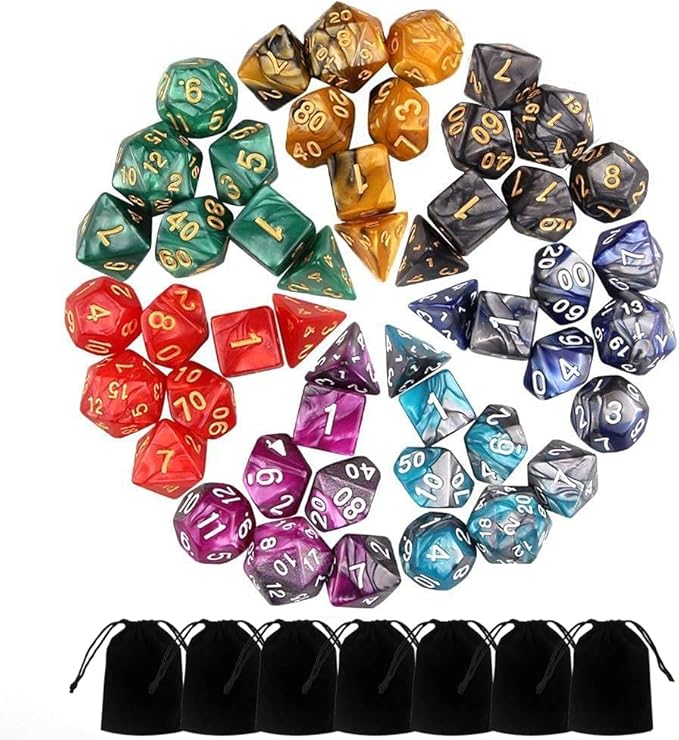 7 Sets (49PCS) Polyhedral Dice Set for Dungeons & Dragons/RPG, Complete D&D/DND Dice Sets (D20, D12, D8, D6, D4 & 2×D10 [0-9 & 00-90]) with 7 Pouches