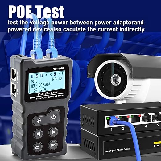 NF-488 Network Cable Testers RJ45 Continuity Checking CAT5 CAT6 LAN Ethernet Cables POE Ethernet Power Tester DC Power & Switch Loop-Back Test POE Detector Network Tool