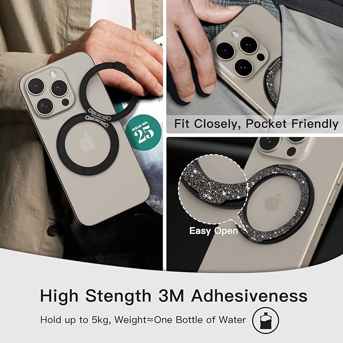 COOLQO 1Pc 360 Spin Cell Grip Ring Phone Stand [Upgrade Gear Hinge Stress Relief] Magnetic Holders for Your car Accessories Desk Mount Compatible with iPhone All Smartphone, Glitter Black