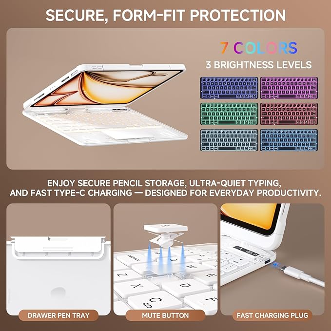 Transparent Case with Keyboard for iPad 11th Gen 11 Inch.(A16, 2025) & 2022 iPad 10th Gen 10.9 Inch,7-Color Backlit,Wireless Keyboard, 360°Rotating,with trackpad,Pencil Holder,with Shortcuts,White