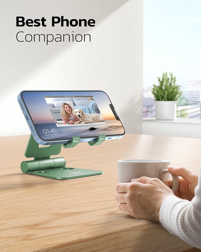 Nulaxy Dual Folding Cell Phone Stand, Fully Adjustable Foldable Desktop Phone Holder Cradle Dock Compatible with iPhone 17 16 15 14 13 12 11 Pro Max Xs Xr X 8, Nintendo Switch, All Phones- Green