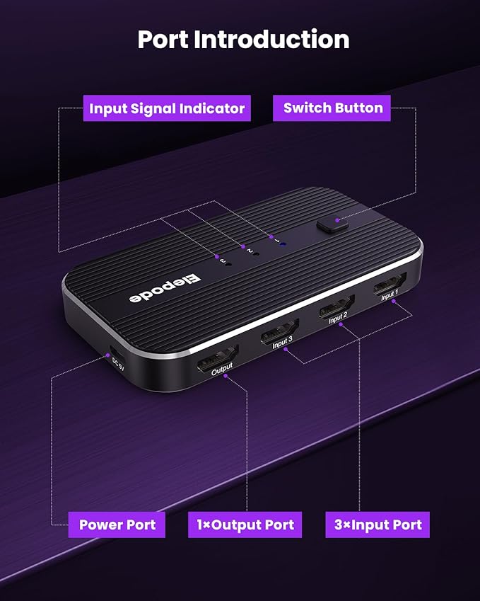 HDMI Splitter with Remote, 3 in 1 Out 4K@60Hz Elepode HDMI Switch, HDMI 2.0 Switch Box Hub for 3D, HDCP2.2, HDR, Compatible with Xbox, PS5/4/3, Fire Stick Roku Blu-Ray Player