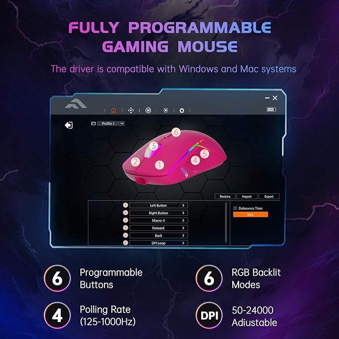 FFJ Wireless Gaming Mouse, 24000 DPI, Tri-Mode 2.4G/USB-C/Bluetooth 5.3 Gaming Mouse Wireless, RGB Programmable Mouse Gamer, 75Hrs Battery Life, Rechargeable Gaming Mice for PC, Mac, PS5, Xbox-Magenta