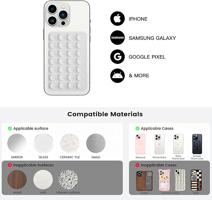 Silicone Double-Sided Suction Cup Phone Case Detachable Mount, Fidget Sticky Phone Grip Hands-Free Phone Accessories for Selfies & Videos, Trending TikTok items for iphone & Android(3.74"x2.2", White)