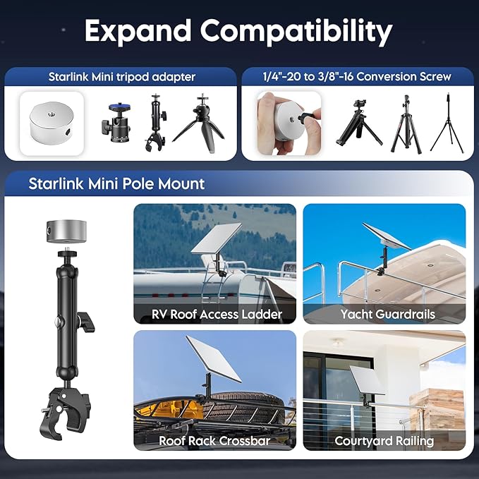 XLTTYWL 2025 Starlink Mini Pole Mount Kit, Aluminum Mini Starlink Tripod Adapter with 1/4"-20 & 3/8"-16 Thread and Adjustable Clamp Bracket for Star Link Mini Dishy RV, Camper, Roof Rack, Balcony