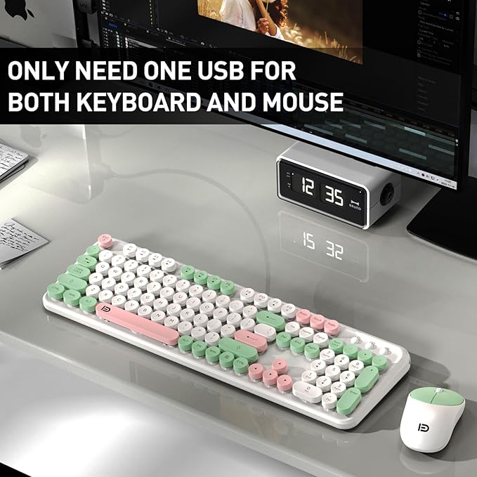 Wireless Keyboard and Mouse Set, 105 Keys Full-Size Cute Colorful Keyboard and Mouse with Retro Typewriter for PC/Mac/Laptop/Tablet/Computer/Windows Green
