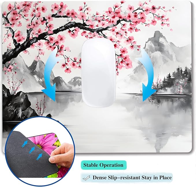 Watercolor Cherry Blossom Japanese Custom Mouse Pad with Non-Slip Rubber, Small Square Design for Wireless Laptop & Computer Mouse Pads for Desk, 9.5 x 7.9 inch Smooth Surface for Gaming & Office