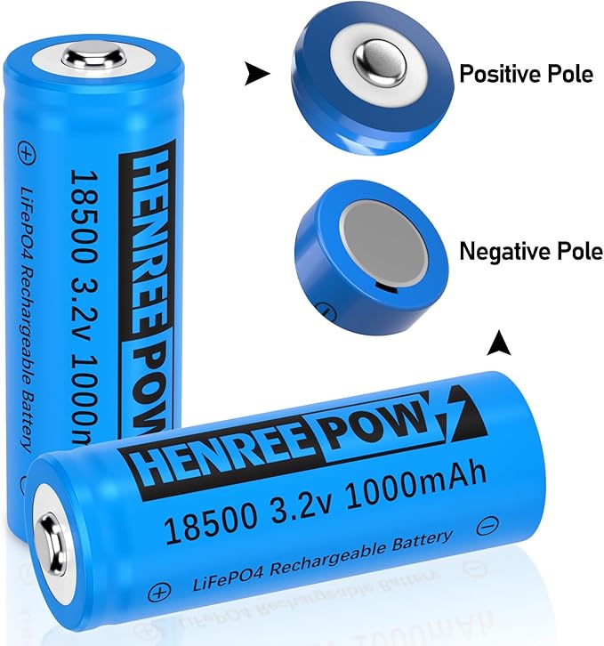 Henreepow 18500 3.2v LiFePo4 Rechargeable Battery, 3.2v LiFePo4 Rechargeable Battery 1000mAh for Outdoor Garden Solar Lights, Flashlight (18500-3.2v-6Pack)