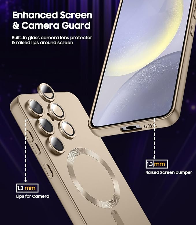 Magnetic for Samsung Galaxy S24 Case [Compatible with MagSafe][Built-in Camera Lens Protector] Slim Soft Silicone Bumper Shockproof Metallic Luster Phone Case (Gold)