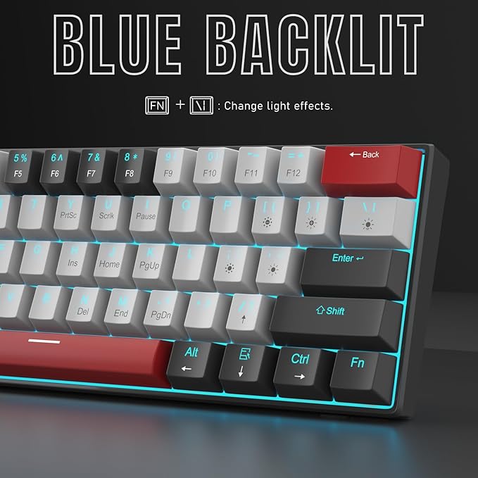 60% Mechanical Gaming Keyboard,Mixed Color Keycaps Gaming Keyboard with Clicky Blue Switches, Detachable Type-C Cable Mini Keyboard with Blue LED Light for/PC/Laptop