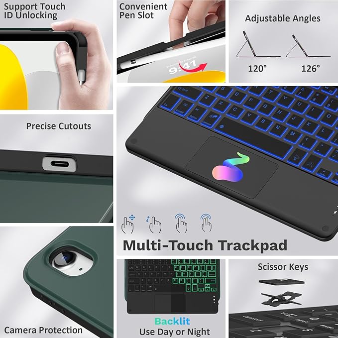 MoKo Touch Keyboard Case for iPad (A16) 11th Generation 11 inch 2025,iPad 10th Generation 10.9 inch Case with Pencil Holder,7 Colors Backlit Multi-TrackPad Detachable Bluetooth Keyboard,Midnight Green