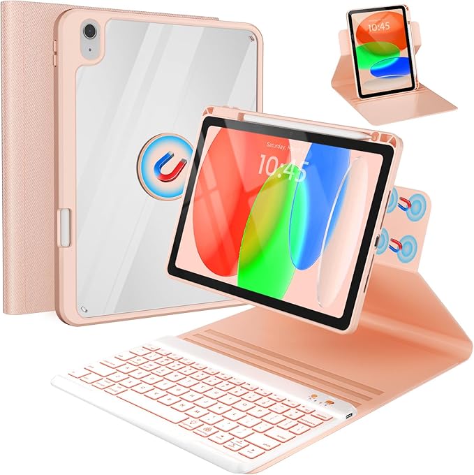 BLUTLOTUS for iPad 11th (A16) 10th Generation Case with Keyboard (2025/2022) - 360° Rotatable Magnetic Folio Cover, 7 Color Backlit Detachable Keyboard with Pencil Holder (Rose Gold)