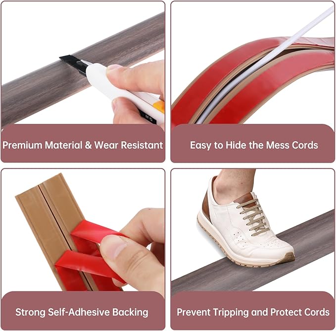 Floor Cord Cover Self Adhesive Cord Hider Floor Extension Cord Covers for Floor Power Cord Protector Cable Management Prevent Cable Trips Cable Cavity 0.47" W x 0.27" H (Brown Walnut Wood, 10Ft)
