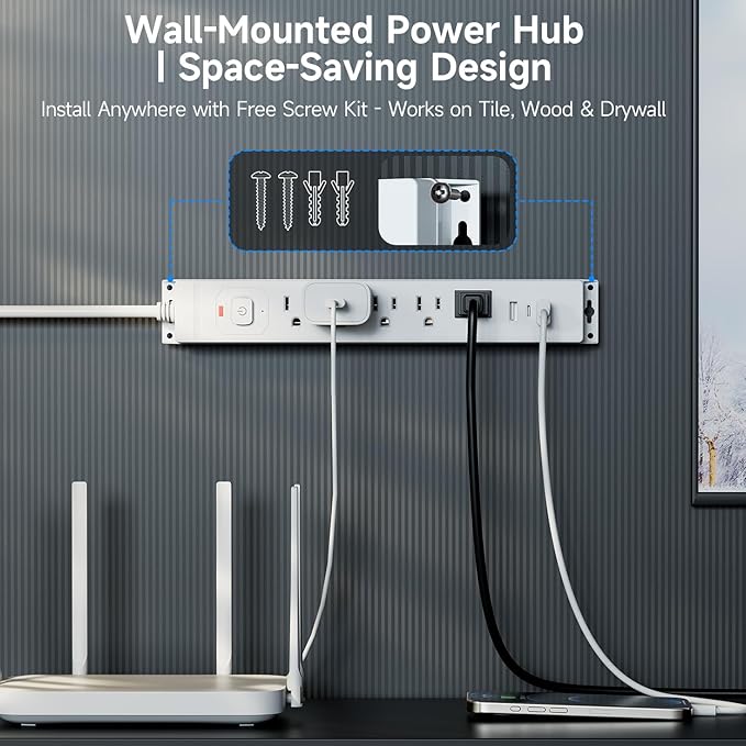 10 Ft Power Strip Surge Protector with USB Ports, Flat Plug Extension Cord, 5 AC Outlets and 3 USB Charging Ports, Wall Mountable, ETL Listed – White for Home, Office, Dorm