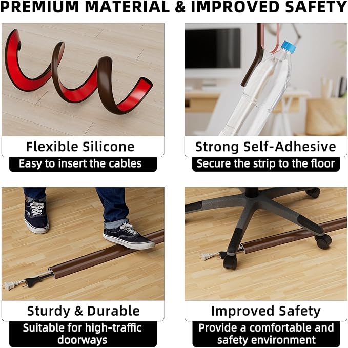4ft Floor Cord Cover, Silicone Wire Hider, Hide Extension Cords, Protect Cords, Prevent Cable Trips, Heavy-Duty Adhesive-Backed Anti-Trip Cable Protector for Floor, Desk & Wall