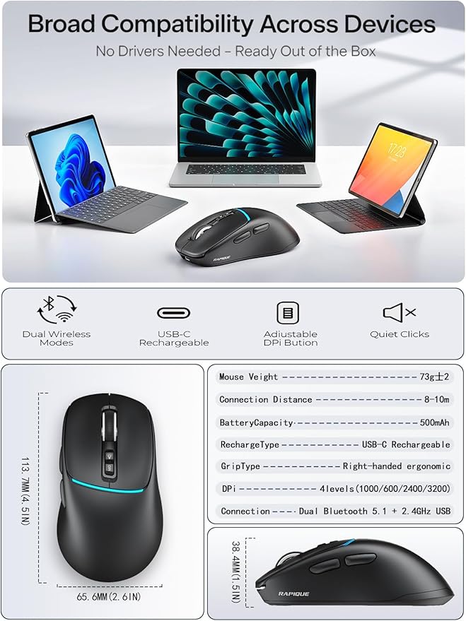 R108 Bluetooth Wireless Mouse – Dual Bluetooth ＆ 2.4GHz USB Receiver, 4 DPI Levels (1000–3200), Type-C Rechargeable, Ergonomic Right-Hand Grip, Silent Click, for Computer/Mac/Laptop - Black