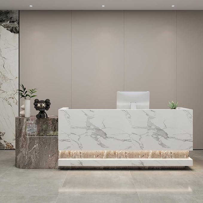 Front Desk Reception Counter - Lockable Storage & Keyboard Tray | Reception Desk with Counter, Customizable Large Counter Table (Grey+White, 96'')
