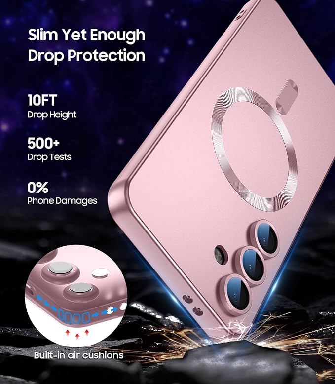 Magnetic for Samsung Galaxy S24 FE Case [Compatible with MagSafe][Built-in Camera Lens Protector] Slim Soft Silicone Bumper Shockproof Metallic Luster Phone Cover (Rose Gold)