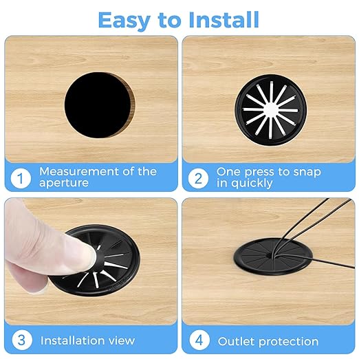 4 Pcs Cable Grommet, Snap Bushing 3-9/16" (90 mm) Mounting Diameter, Flexible Petal-Shaped Buckle Round Nylon Desk Grommet for Wires Through Countertop Cord Organizer and Protection, Black