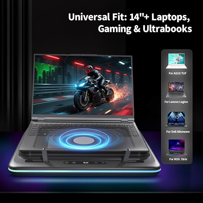IMMOENUC- Compressed Air Laptop Cooling Pad with Wireless Charging RGB Laptop Cooler Stand with Powerful External Turbo Cooling Fan Compatible with 14-inch and Above MacBook/Dell/HP/Lenovo Laptops