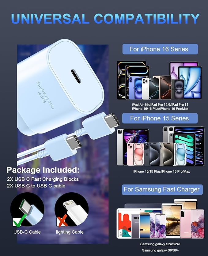 USB C Phone 16 15 Charger Fast Charging,30W Phone 16 15 Pro Max Charger Block &6.6FT Long USB C to C Charging Cable Cord for Phone 16 15/16 15 Pro Max/16 15 Pro/15 Plus/Samsung Galaxy S24 Ultra,Blue