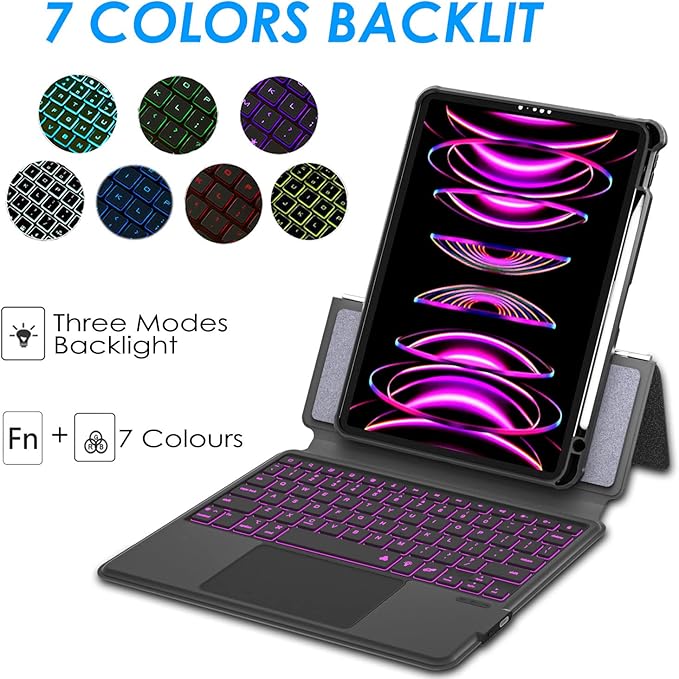 iPad 12.9 Keyboard Case for iPad Pro 12.9 inch 6th 2022/5th 2021/4th 2020/3rd 2018-7 Color Backlight,Touchpad Detachable Slim Cover with Pencil Holder (12.9",Black)