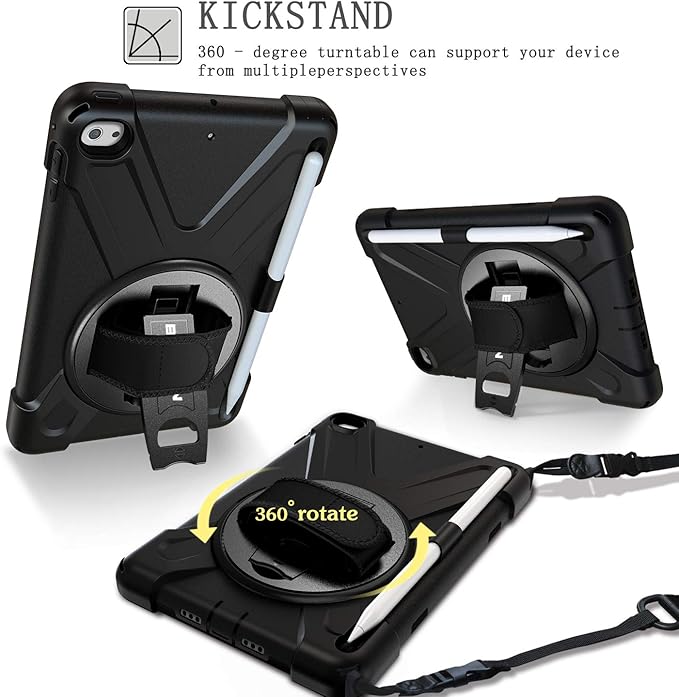 BRAECN iPad mini 5 Case,iPad mini 4 Case, Heavy Duty Shockproof Protective Rugged Case with Pencil Holder,Hand Strap,Kickstand, Shoulder Strap for iPad mini 5th/4th Generation 7.9 Inch for Kids-Black