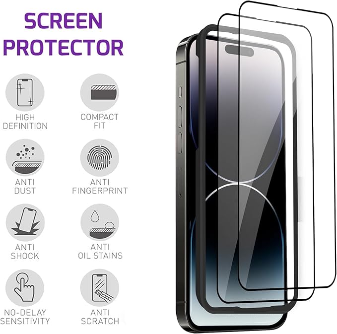 For iPhone 14 Pro Max Screen Protector Tempered Glass [Black Edge] Compatible with Apple Dynamic Island (2 Pack)