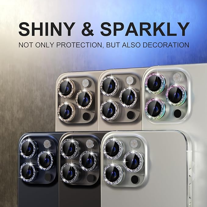 Choiche Compatible for iPhone 15 Pro/iPhone 15 Pro Max Camera Lens Protector Bling, 9H Tempered Glass Camera Cover Screen Protector Metal Ring Decoration Accessories (Glitter-Gold)