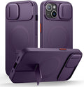 SURITCH for iPhone 15 Case with Magnetic Camera Slide Cover and Adjustable Kickstand, Compatible with MagSafe, Shockproof Bumper Case Slim Protective Cover 6.1 Inch, Dark Purple