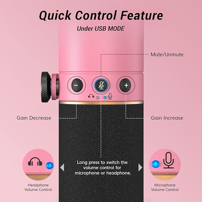TONOR Dynamic Microphone, XLR/USB Microphone for Podcast, Recording, Streaming, Gaming, XLR Cardioid Studio Mic with Quick Mute, 3.5mm Headphone Jack, Volume Control, Mic with Boom Arm, Pink, TD510+