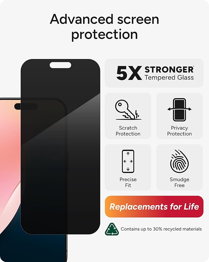 ZAGG InvisibleShield Glass Elite Privacy iPhone 15 Pro Screen Protector - 5X Stronger with Reinforced Edges, 2-Way Privacy Filter, Scratch & Smudge-Resistant Surface, Easy to Install