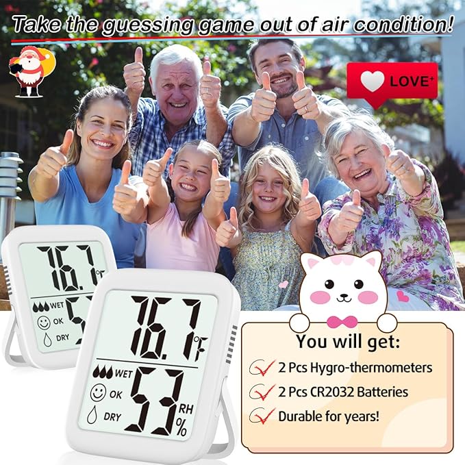 Antonki 2 Pack Room Thermometer for Home, Indoor Hygrometer Humidity Meter Gauge, Digital Temperature and Humidity Sensor Monitor for House, Terrarium, Incubator, Greenhouse - Battery Included