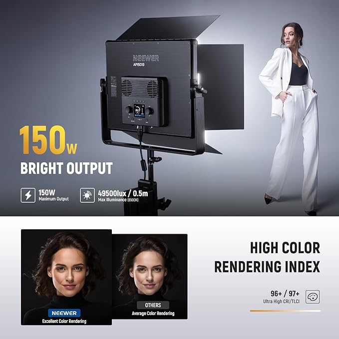 NEEWER 150W Bi Color LED Panel Video Light Kit, 1440 LEDs 49500Lux@0.5m 2500K-8500K CRI96+/TLCI97+ 0-100% Dimming APP/2.4G/Panel/DMX Control for Pro Studio Photography Recording Stage Lighting, AP150B