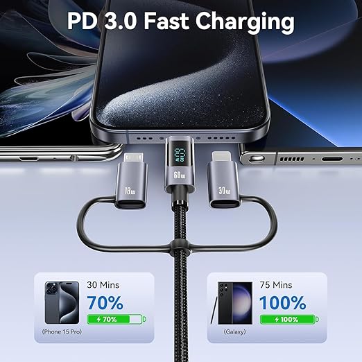 Multi Charger Cord 6 in 1 USB Cable Fast Charging Cable - PD 60w USB c Multi Fast Charging Cable with Led Display - 6 ft USB C/A to Type C/Phone/Micro Charger Cable Com patible with Phone/Laptops